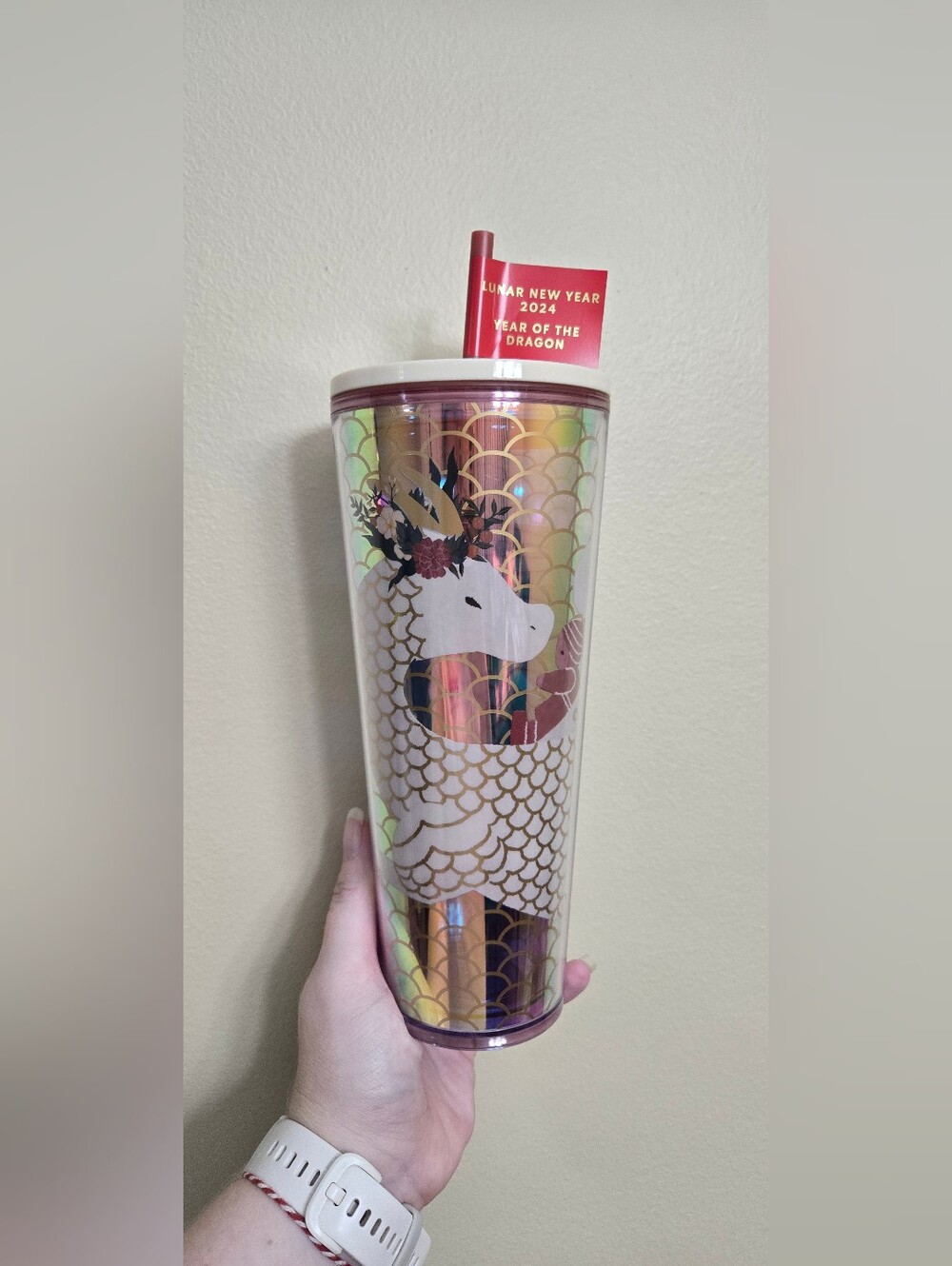 Starbucks Lunar New Year 2024 Dragon Iridescent Travel Tumbler - White & Gold